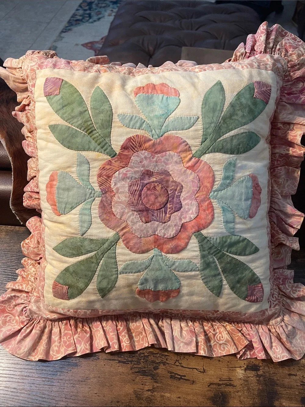 Floral Hand Appliqué Ruffled Throw Pillow in Pink and Green Batik fabric